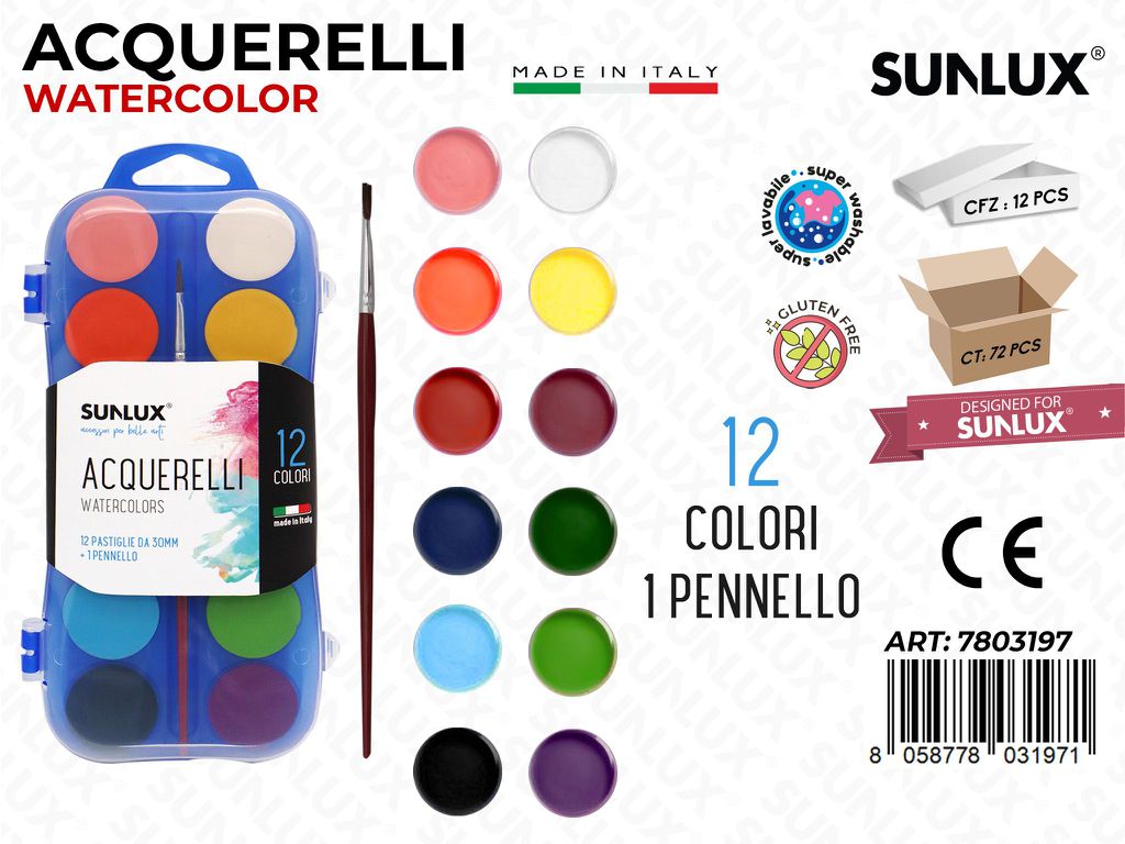 Acquerelli 12COL. D.30MM c/Pennello / Pz da 12