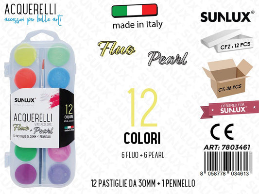 Acquerelli 12COL. Perlati-fluo D.30MM