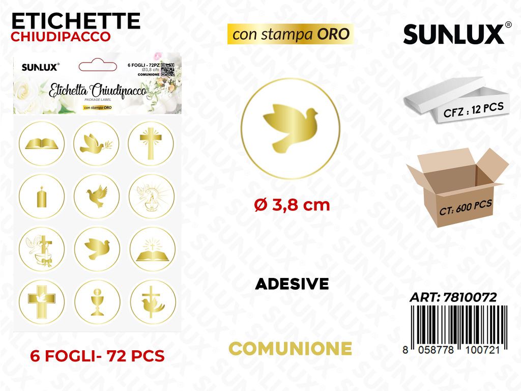 Sunlux Etichette Chiudipacco Comunione 72PCS 6FF 3.8CM