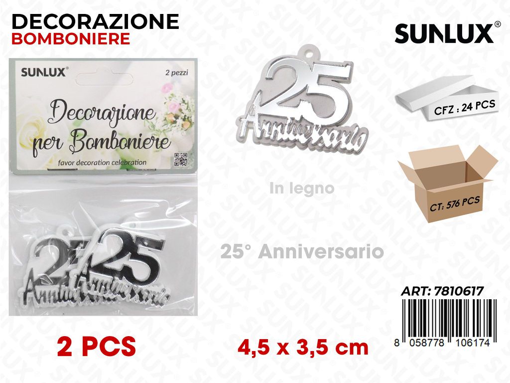 Sunlux Dec. Bomb. 25ANNIV. Legno 2PCS 4.5*3.5CM