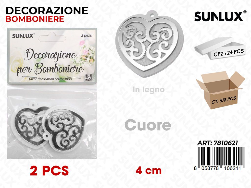 Sunlux Dec. Bomb. Cuore Arg. Legno 2PCS 4CM