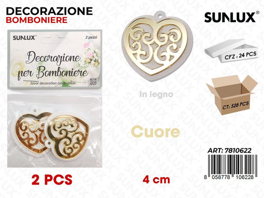Sunlux Dec. Bomb. Cuore Oro Legno 2PCS 4CM