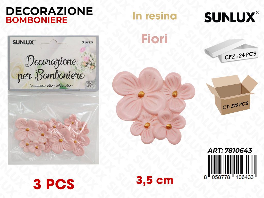 Sunlux Dec. Bomb. Resina Fiori Rosa 3PCS 3.5CM
