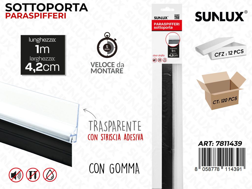 Sunlux Sottoporta Paraspifferi Trasparente 1M*4.2CM con Gomma
