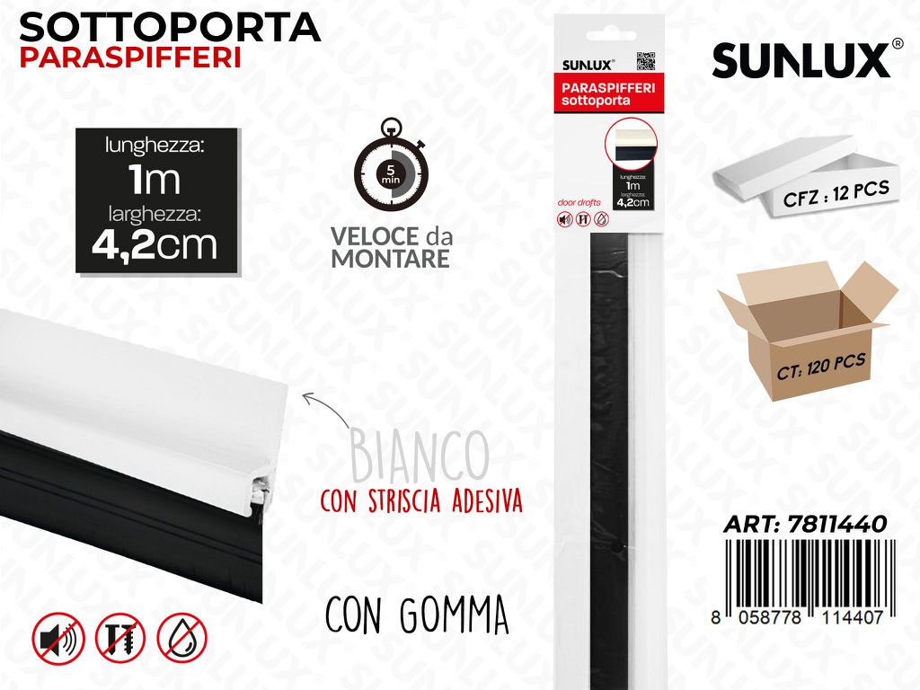 Sunlux Sottoporta Paraspifferi Bianco 1M*4.2CM con Gomma