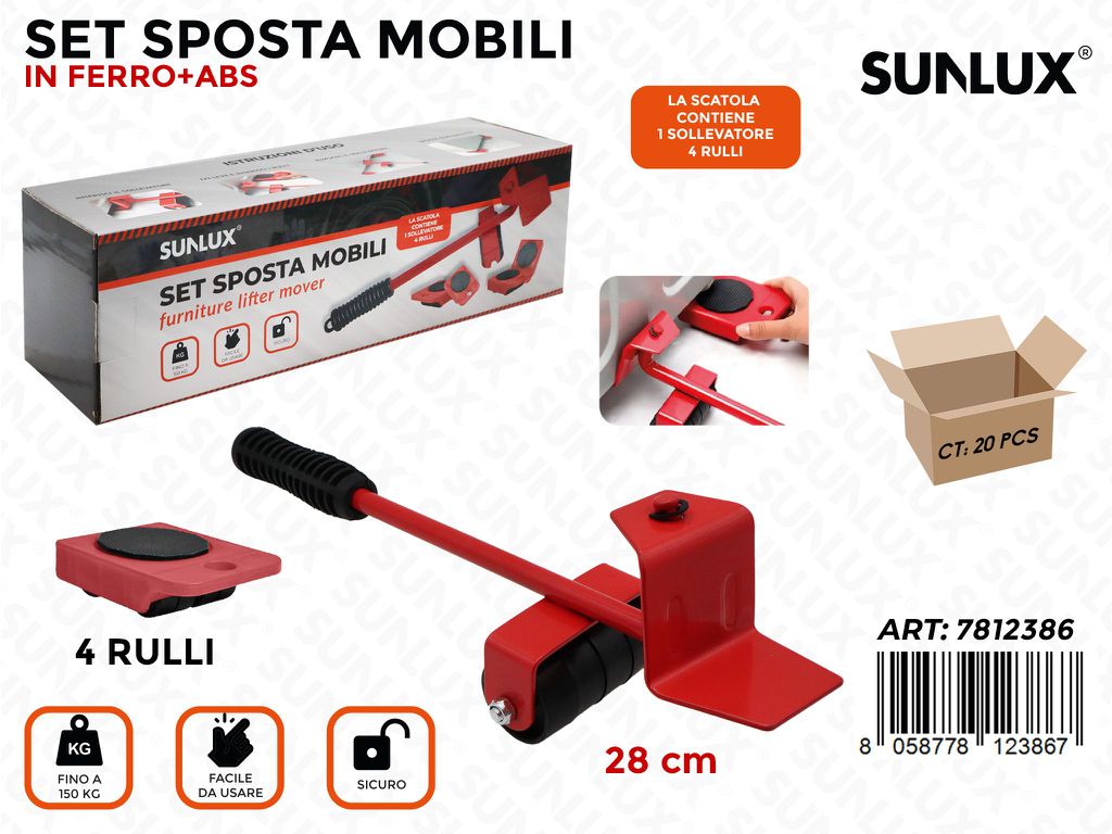 Sunlux Set Sposta Mobili c/ 4 Rulli 150KG 28CM