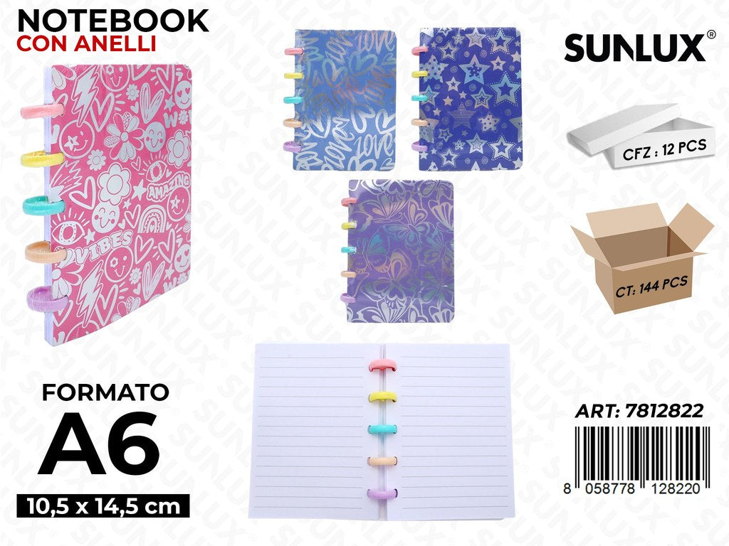 Sunlux Notebook c/Anelli F.to A6 10.5*14.5CM Ass.