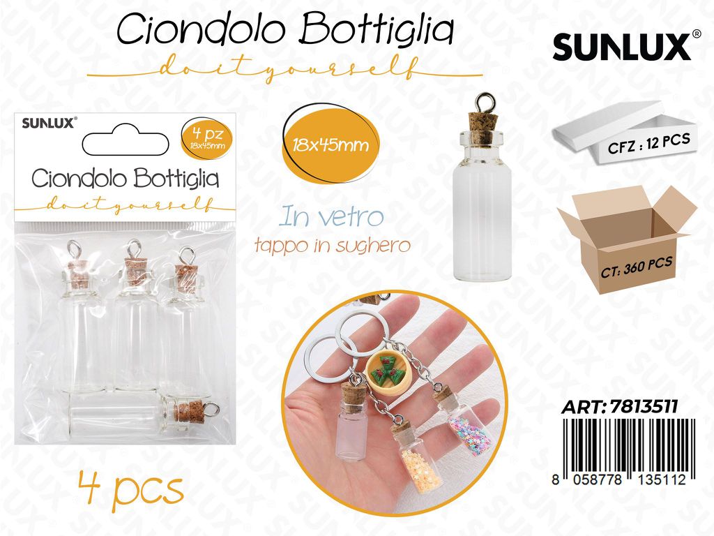 Sunlux Ciondolo Bottiglia Vetro 4PCS 18*45MM