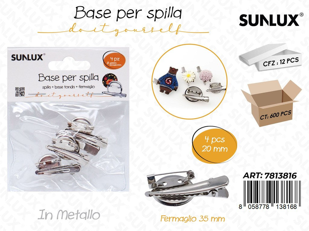 Sunlux Base per Spilla Metallo 4PCS 20MM