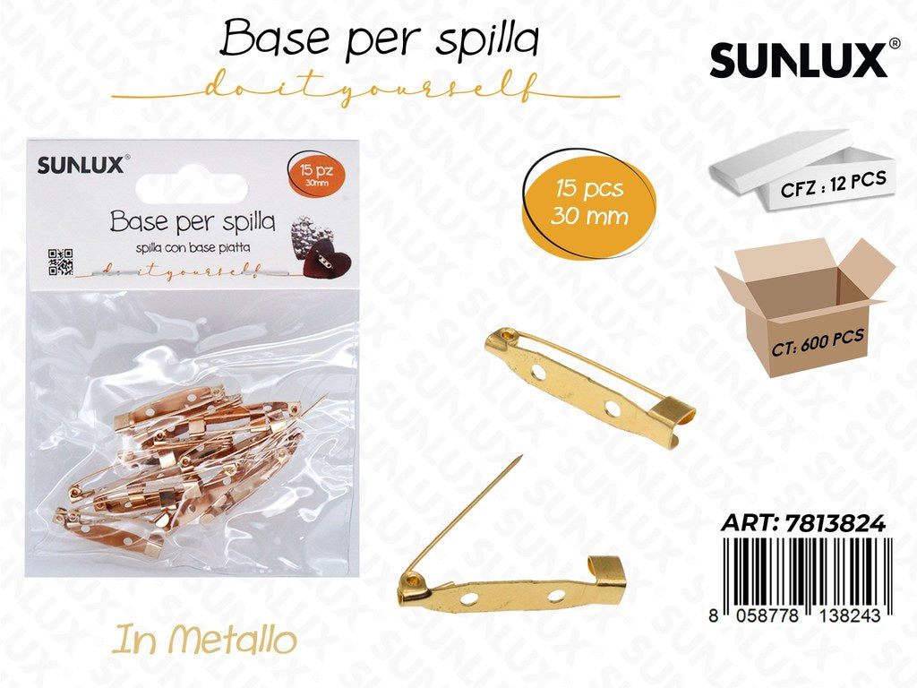 Sunlux Base per Spilla Metallo 15PCS 30MM