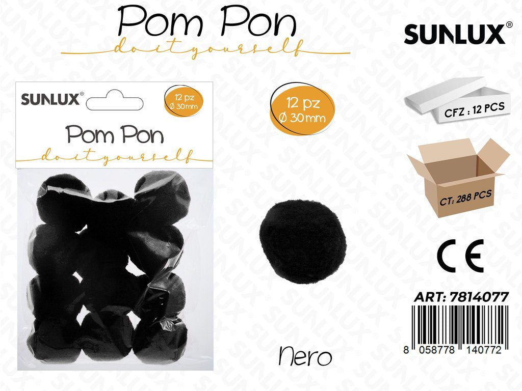 Sunlux Pompon Nero 12PCS D.30MM