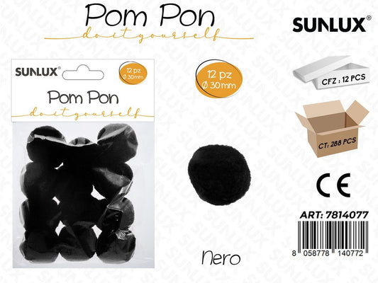 Sunlux Pompon Nero 12PCS D.30MM