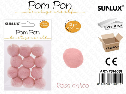 Sunlux Pompon Rosa Antico 12PCS D.30MM