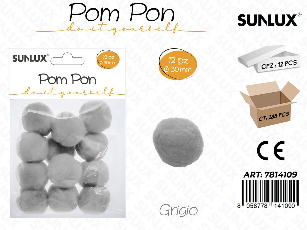 Sunlux Pompon Grigio 12PCS D.30MM