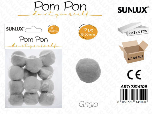 Sunlux Pompon Grigio 12PCS D.30MM