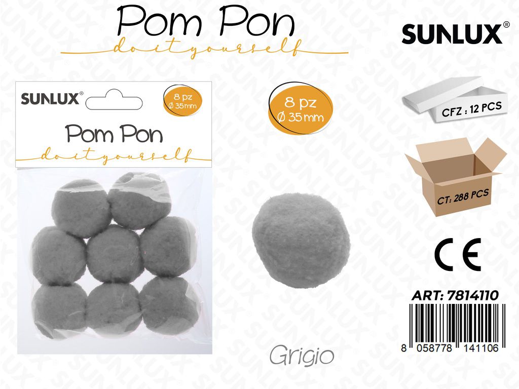 Sunlux Pompon Grigio 8PCS D.35MM