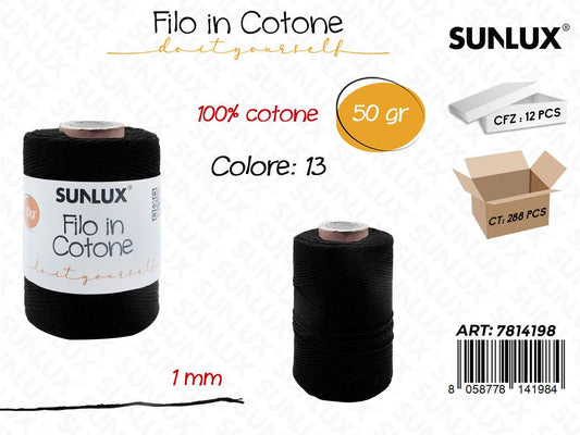 Sunlux Filo in Cotone Nero 13 50G 1MM