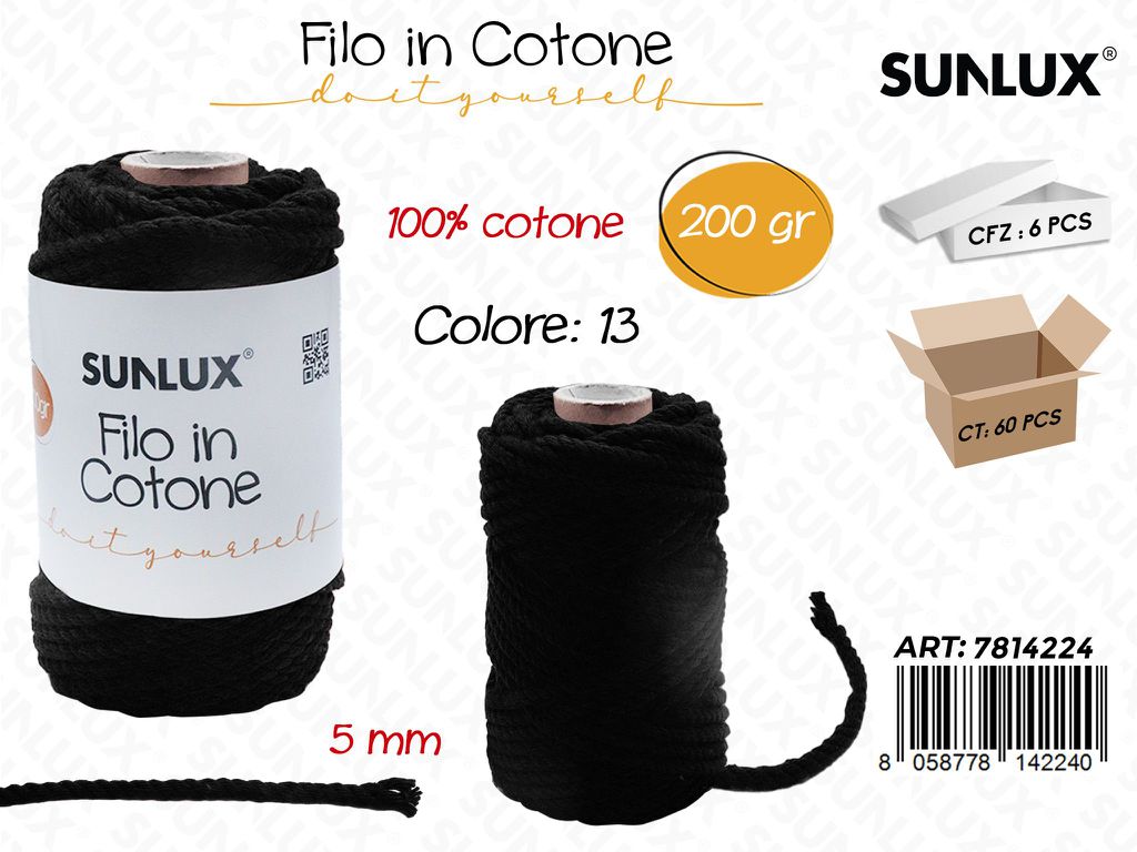 Sunlux Filo in Cotone Nero 13 200G 5MM