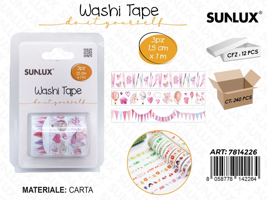 Sunlux Washi Tape 3PCS Ass. 1.5CM*1MT