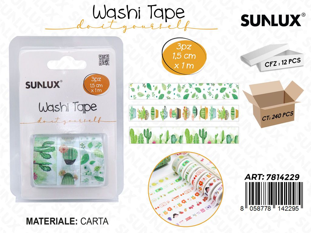 Sunlux Washi Tape 3PCS Ass. 1.5CM*1MT