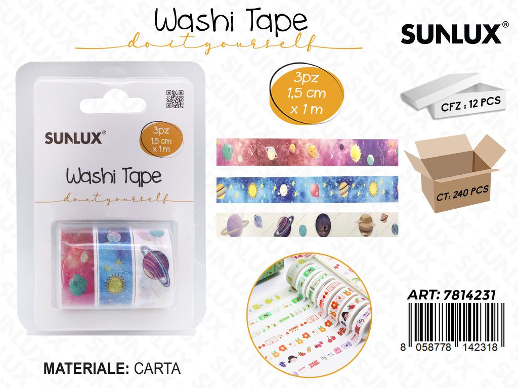 Sunlux Washi Tape 3PCS Ass. 1.5CM*1MT