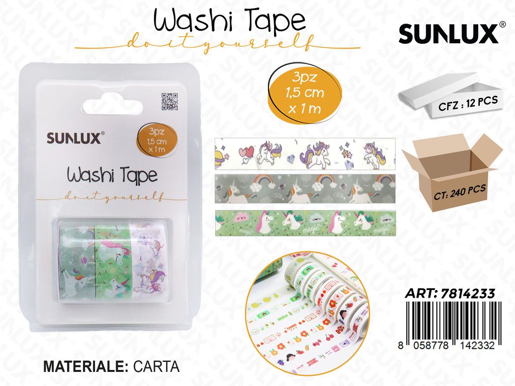 Sunlux Washi Tape 3PCS Ass. 1.5CM*1MT