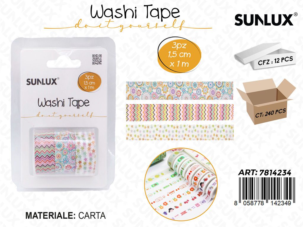 Sunlux Washi Tape 3PCS Ass. 1.5CM*1MT