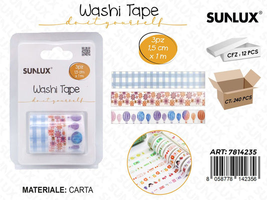Sunlux Washi Tape 3PCS Ass. 1.5CM*1MT