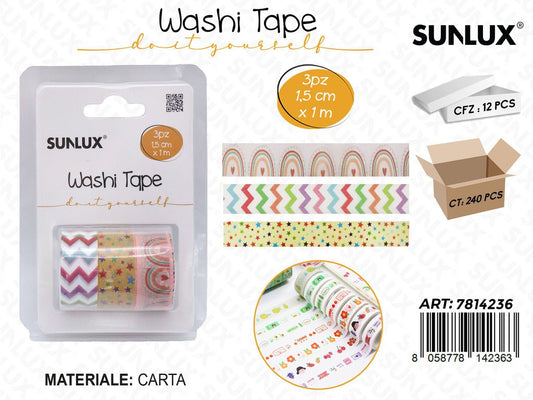 Sunlux Washi Tape 3PCS Ass. 1.5CM*1MT