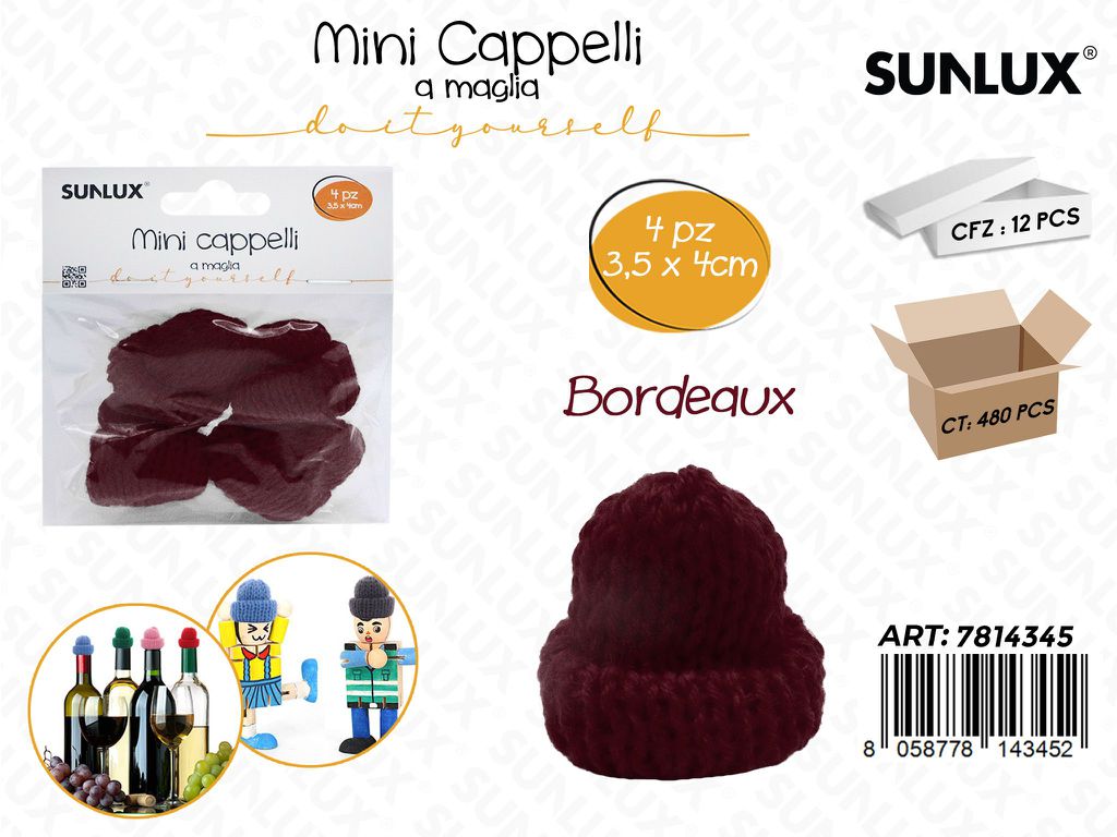 Sunlux Mini Cappello a Maglia Bordeux 4PCS 3.5*4CM