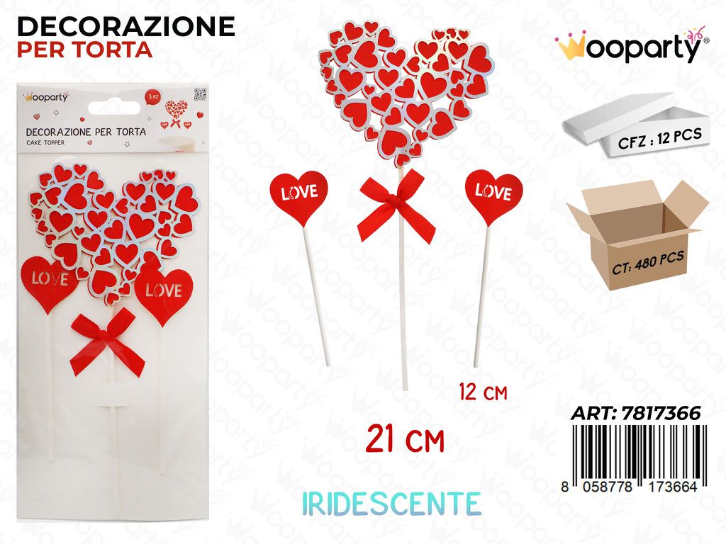 DEC. PER TORTA CUORE 3PCS MIS ASS.
