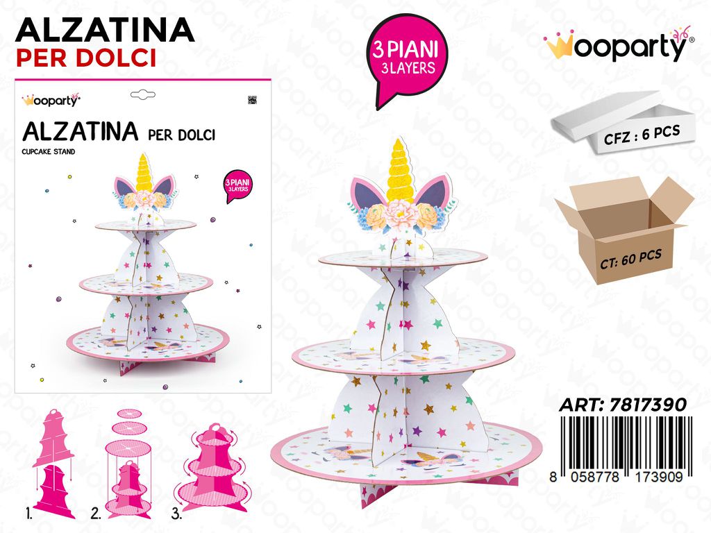 Wooparty Alzatina per Dolci 3PIANI Unicorn 39CM
