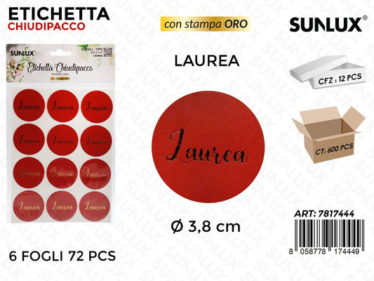 Sunlux Etichetta Chiudipacco Laurea 72PCS D.3.8CM