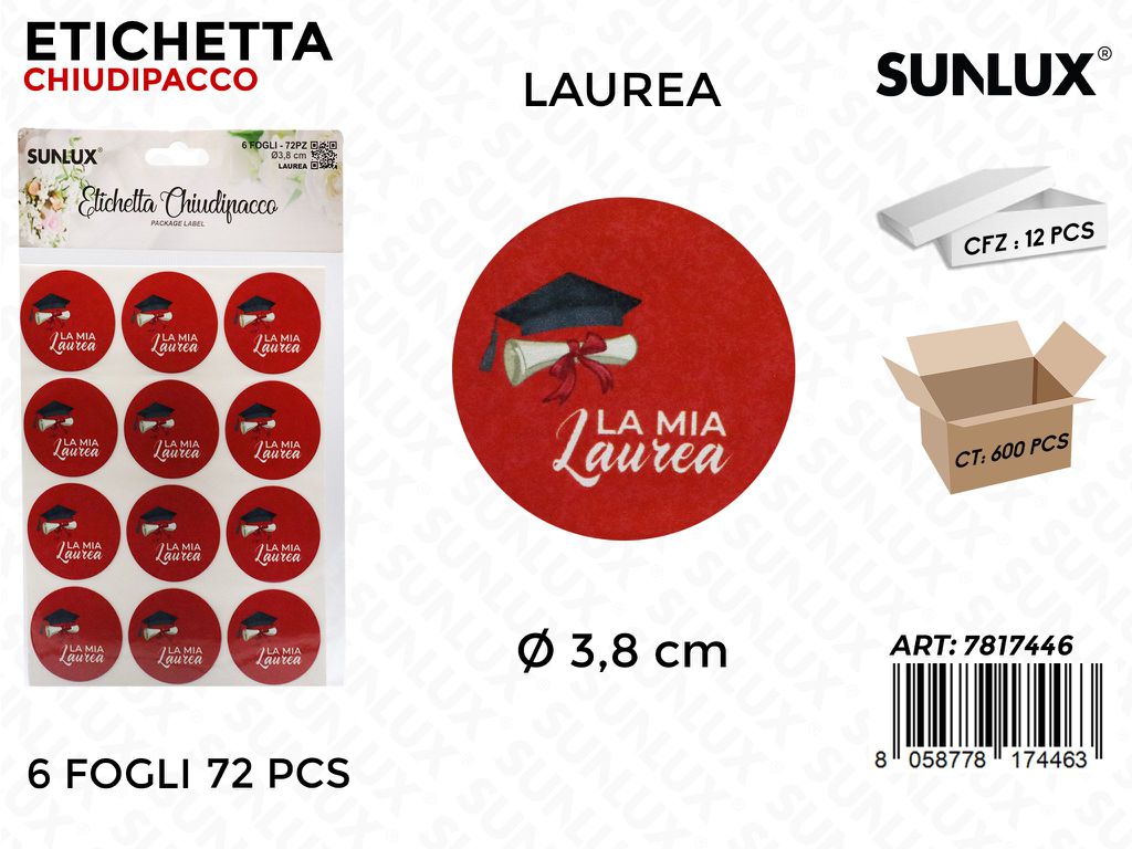 Sunlux Etichetta Chiudipacco Laurea 72PCS D.3.8CM