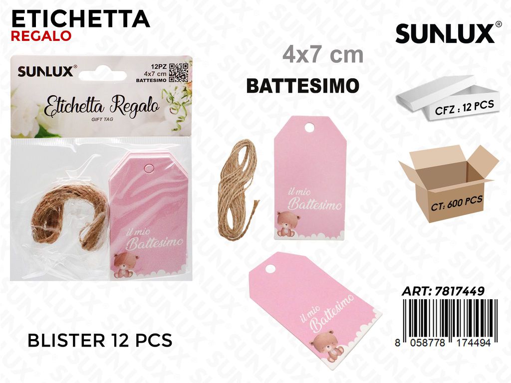 Sunlux Etichetta Battesimo Rosa 12PCS 4*7CM