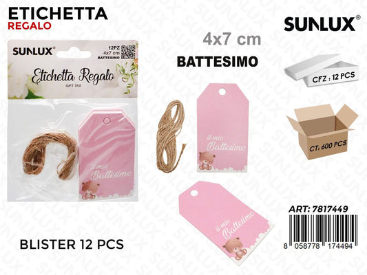 Sunlux Etichetta Battesimo Rosa 12PCS 4*7CM