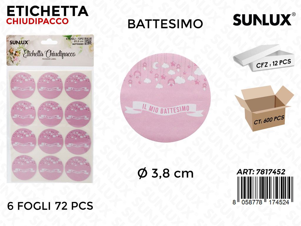 Sunlux Etichetta Chiudipacco Batt. Rosa 72PCS D.3.8CM