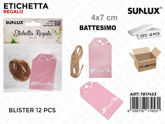 Sunlux Etichetta Battesimo Rosa 12PCS 4*7CM