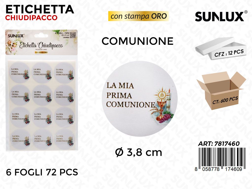 Sunlux Etichetta Chiudipacco Comunione 72PCS D.3.8CM