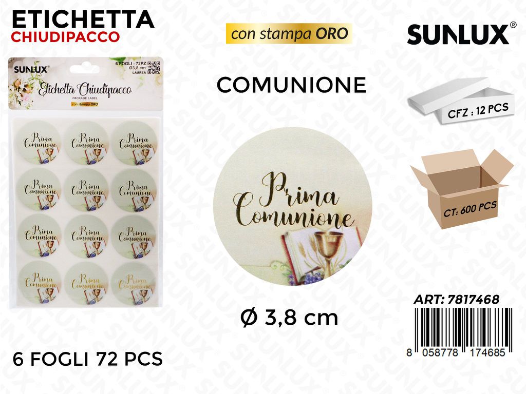 Sunlux Etichetta Chiudipacco Comunione 72PCS D.3.8CM