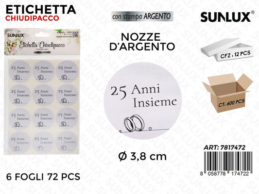 Sunlux Etichetta Chiudipacco Nozze Arg. 72PCS D.3.8CM
