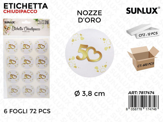 Sunlux Etichetta Chiudipacco Nozze Oro 72PCS D.3.8CM