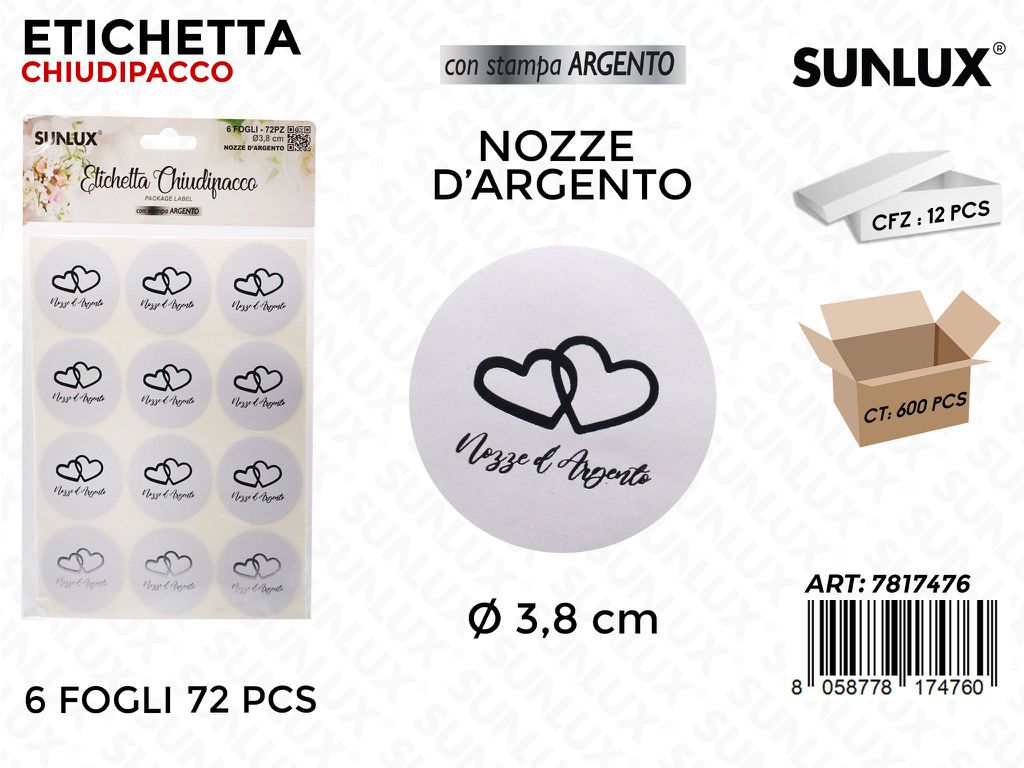 Sunlux Etichetta Chiudipacco Nozze Arg. 72PCS D.3.8CM