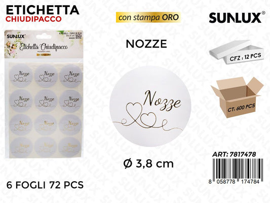 Sunlux Etichetta Chiudipacco Nozze 72PCS D.3.8CM