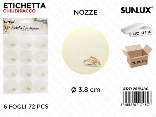 Sunlux Etichetta Chiudipacco Nozze 72PCS D.3.8CM