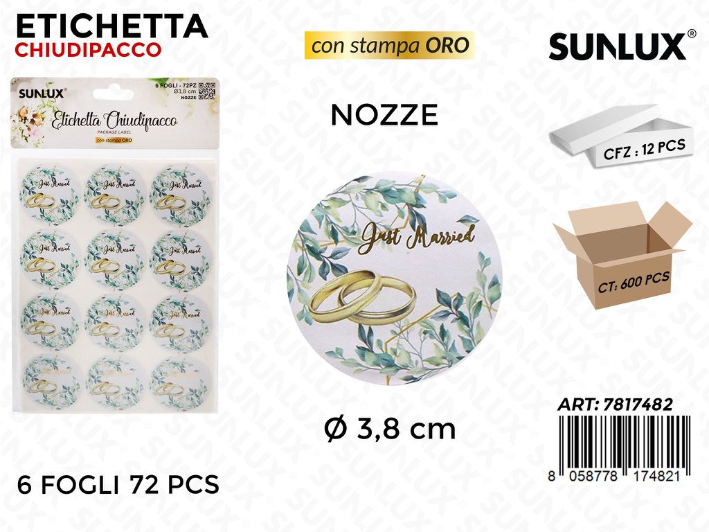 Sunlux Etichetta Chiudipacco Nozze 72PCS D.3.8CM
