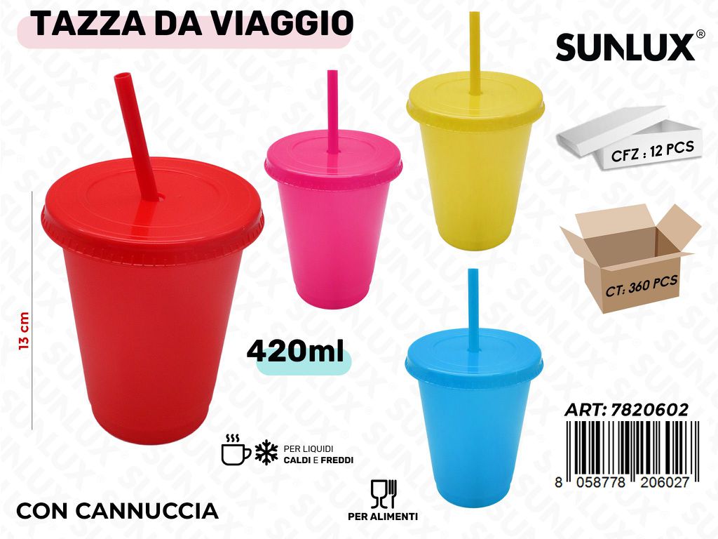 Sunlux Tazza da Viaggio c/Cannuccia Ass. 420ML 13CM
