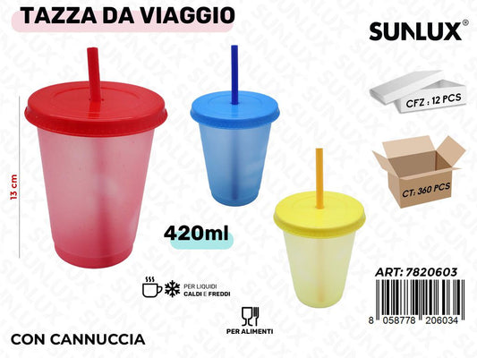 Sunlux Tazza da Viaggio c/Cannuccia Ass. 420ML 13CM