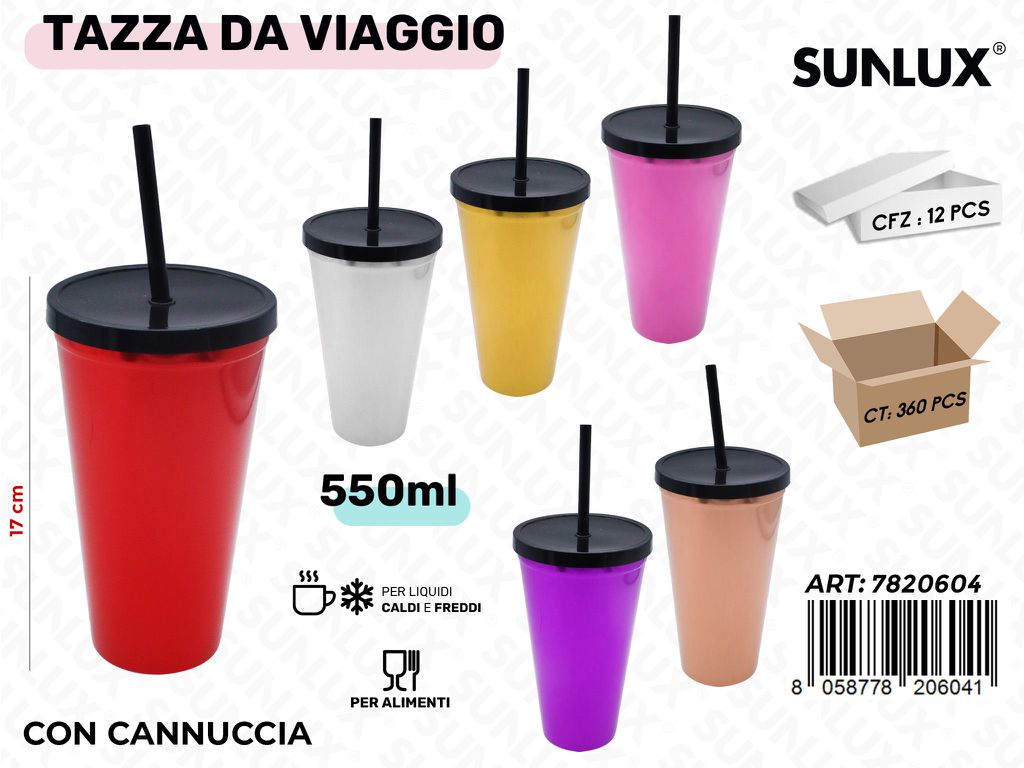 Sunlux Tazza da Viaggio c/Cannuccia Ass. 550ML 17CM