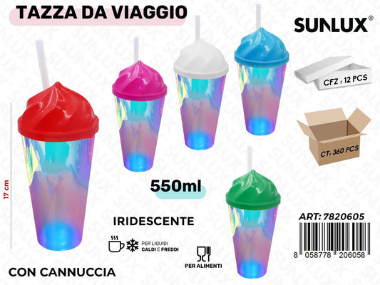 Sunlux Tazza da Viaggio c/Cannuccia Ass. 550ML 17CM